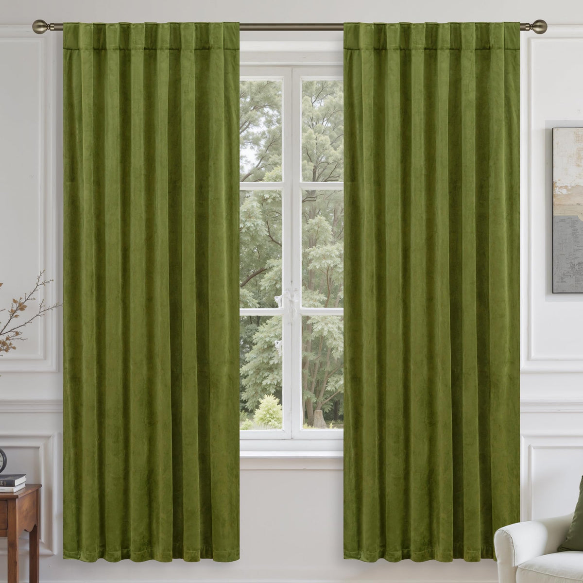 LAMIT Olive Green Velvet Curtains 84 Inch Length for Living Room, 2 Panels