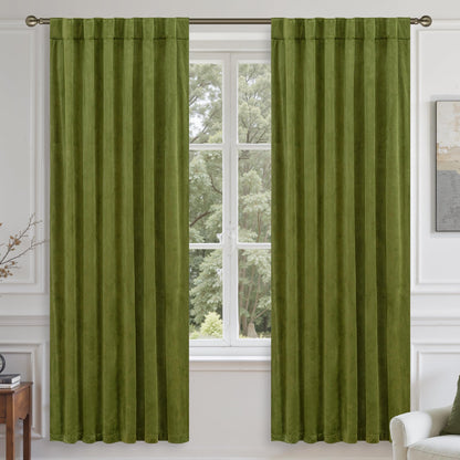 LAMIT Olive Green Velvet Curtains 84 Inch Length for Living Room, 2 Panels