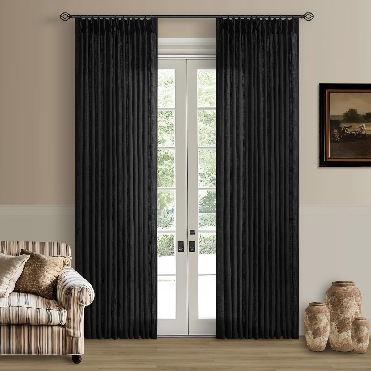TWODRAPES Natural Pinch Pleated Linen Semi Sheer 84 Inch Curtains 2 Panels