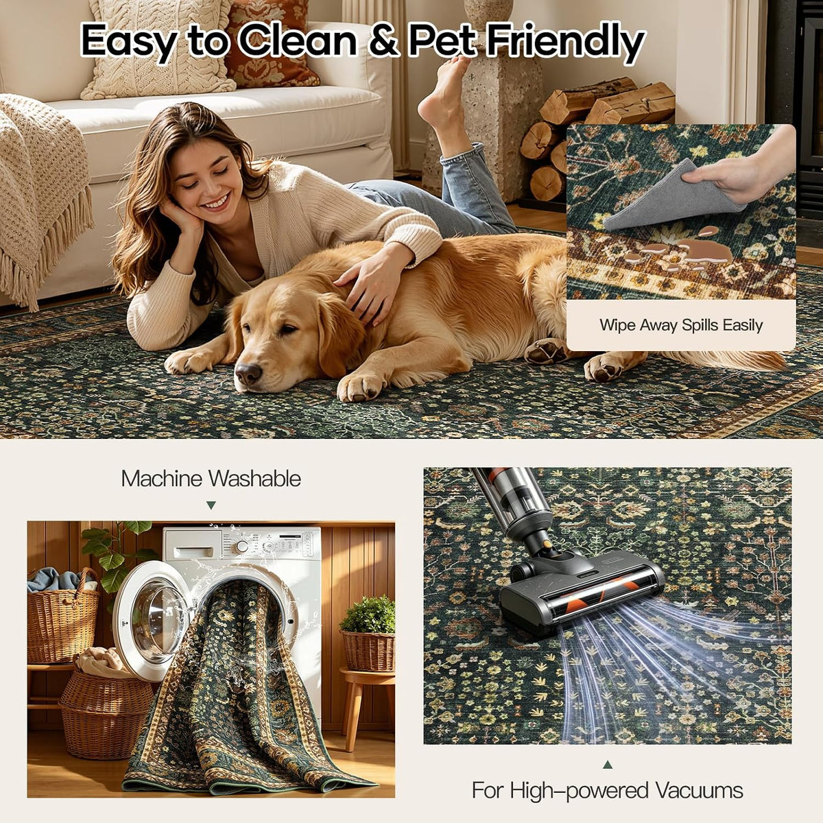 Lofus 9x12 Washable Area Rug for Living Room, Non-Slip Green Boho Carpet