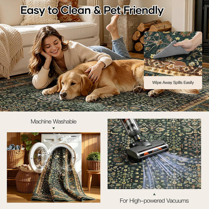Lofus 9x12 Washable Area Rug for Living Room, Non-Slip Green Boho Carpet