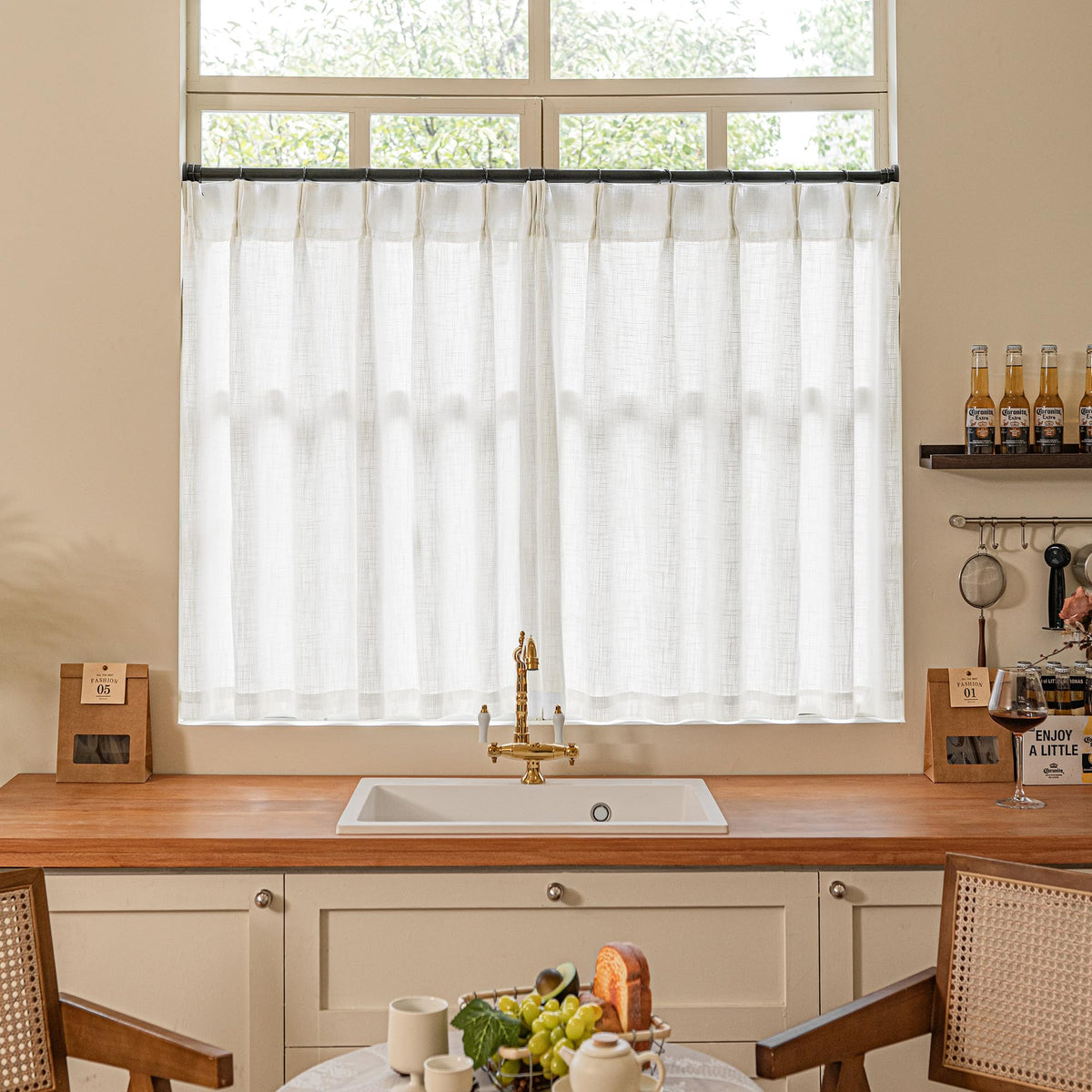 TWODRAPES Natural Pinch Pleated Linen Semi Sheer 84 Inch Curtains 2 Panels