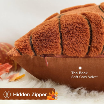 Artscope Fall Pumpkin Throw Pillow Covers 18x18 Set of 2, Autumn Soft Plush Faux Fur Decoration Cushion Covers for Thanksgiving & Halloween Couch Sofa Bedroom Home Decor-Rust