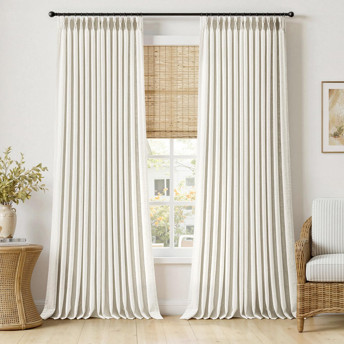 MIULEE Pinch Pleated Linen Curtains 90 Inches Long 2 Panels Natural