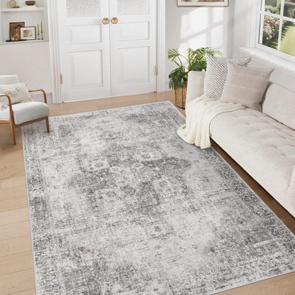 Area Rug 8x10 Washable Rug, Vintage Boho Medallion Rugs Non-Slip Soft Low Pile Large Distressed Rug Indoor Retro Carpet for Living Room Bedroom Dining Room Office Children's Room(Beige, 8'x10')