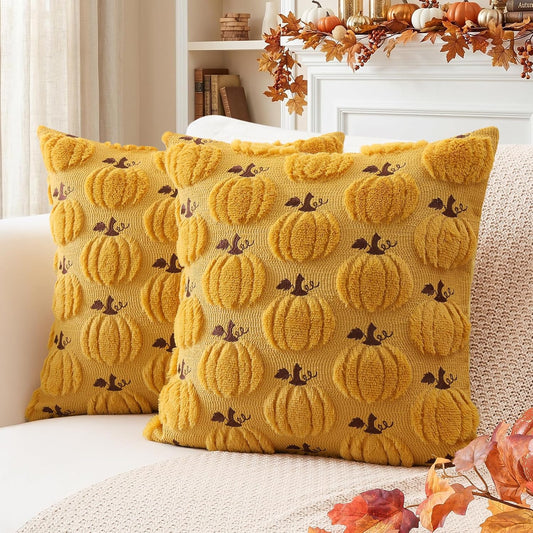 Artscope Fall Pumpkin Throw Pillow Covers 18x18 Set of 2, Autumn Soft Plush Faux Fur Decoration Cushion Covers for Thanksgiving Holiday Couch Sofa Bedroom Home Decor-Mustard Yellow