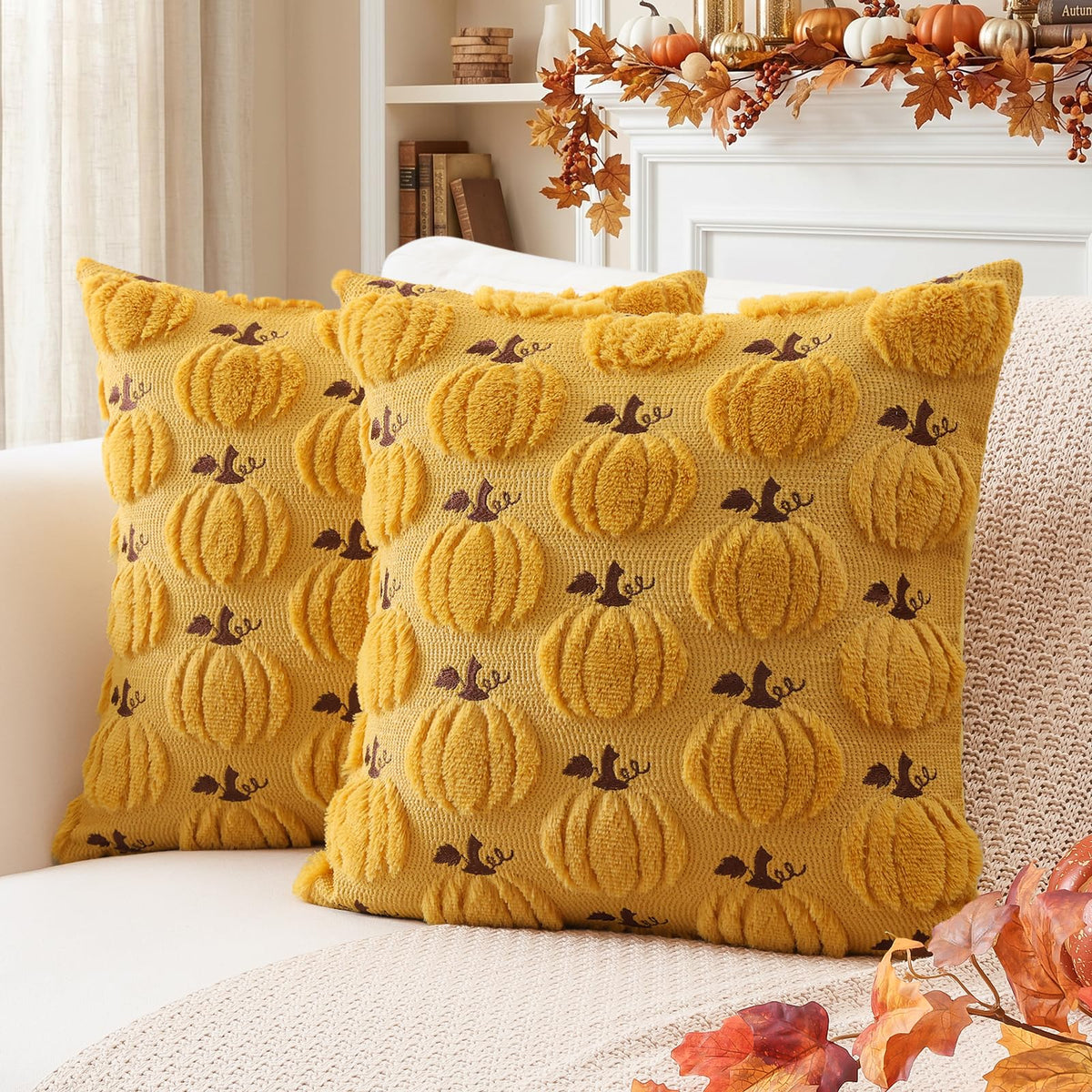 Artscope Fall Pumpkin Throw Pillow Covers 18x18 Set of 2, Autumn Soft Plush Faux Fur Decoration Cushion Covers for Thanksgiving Holiday Couch Sofa Bedroom Home Decor-Mustard Yellow