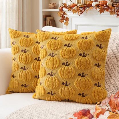 Artscope Fall Pumpkin Throw Pillow Covers 18x18 Set of 2, Autumn Soft Plush Faux Fur Decoration Cushion Covers for Thanksgiving Holiday Couch Sofa Bedroom Home Decor-Mustard Yellow