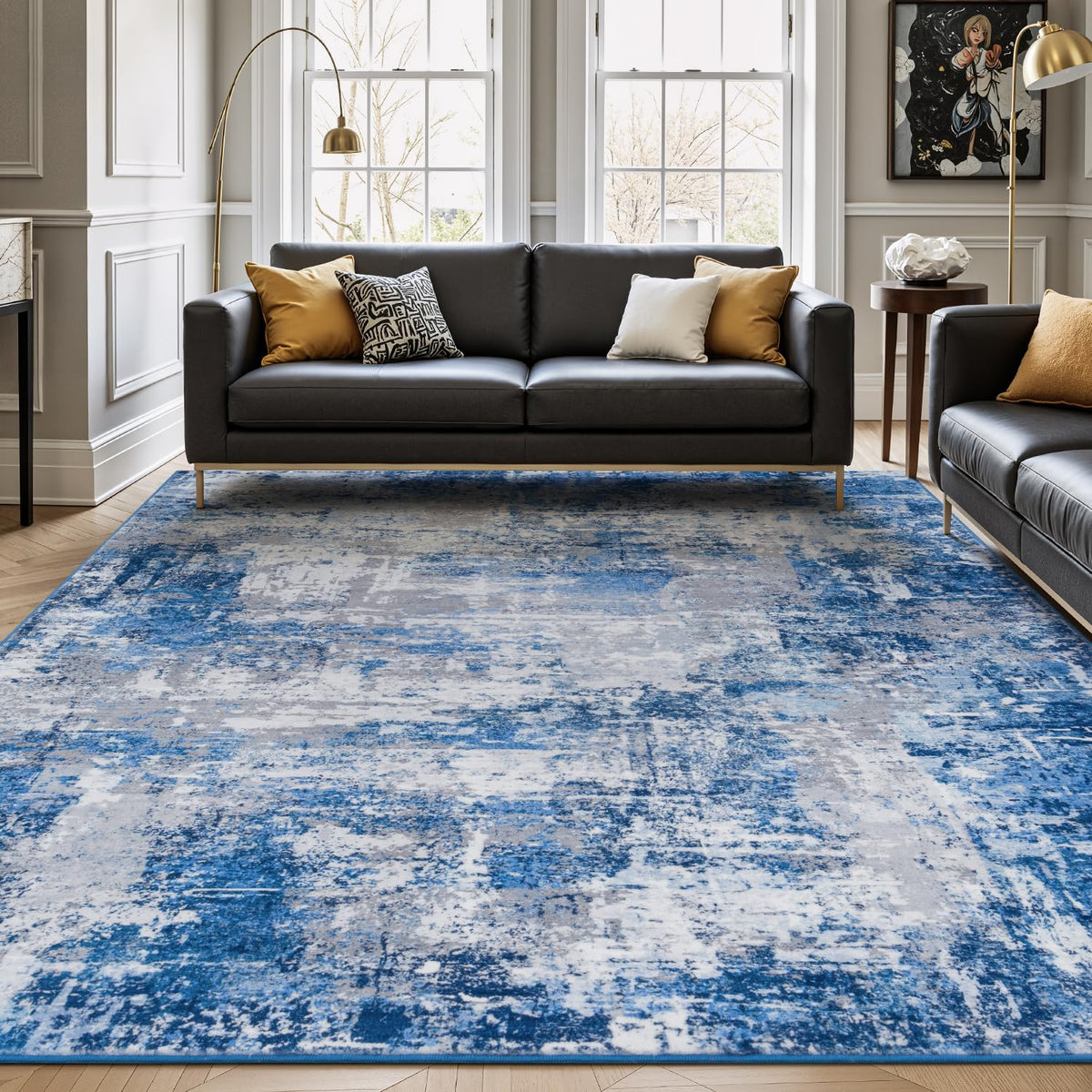 Rugflix 8x10 Area Rug for Living Room, Washable Navy Blue Dark Black Carpet