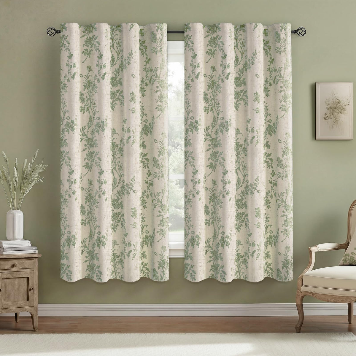Boho Floral 100% Blackout Curtains 84 Inch 2 Panels Linen Texture