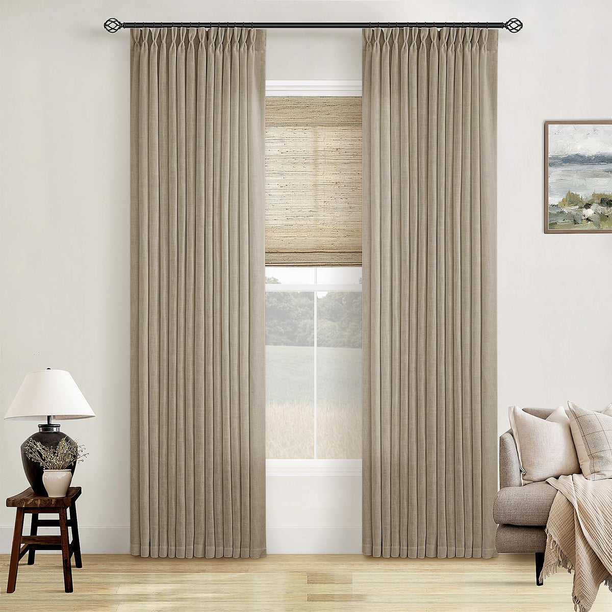 TWODRAPES Natural Pinch Pleated Linen Semi Sheer 84 Inch Curtains 2 Panels
