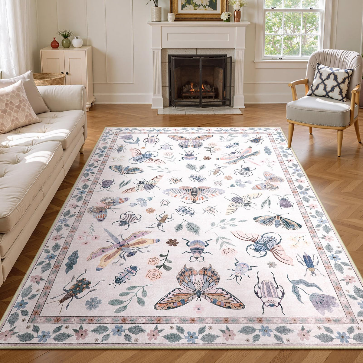 Lahome Bug Washable Area Rugs 5x7, Soft Green Rug for Living Room Bedroom