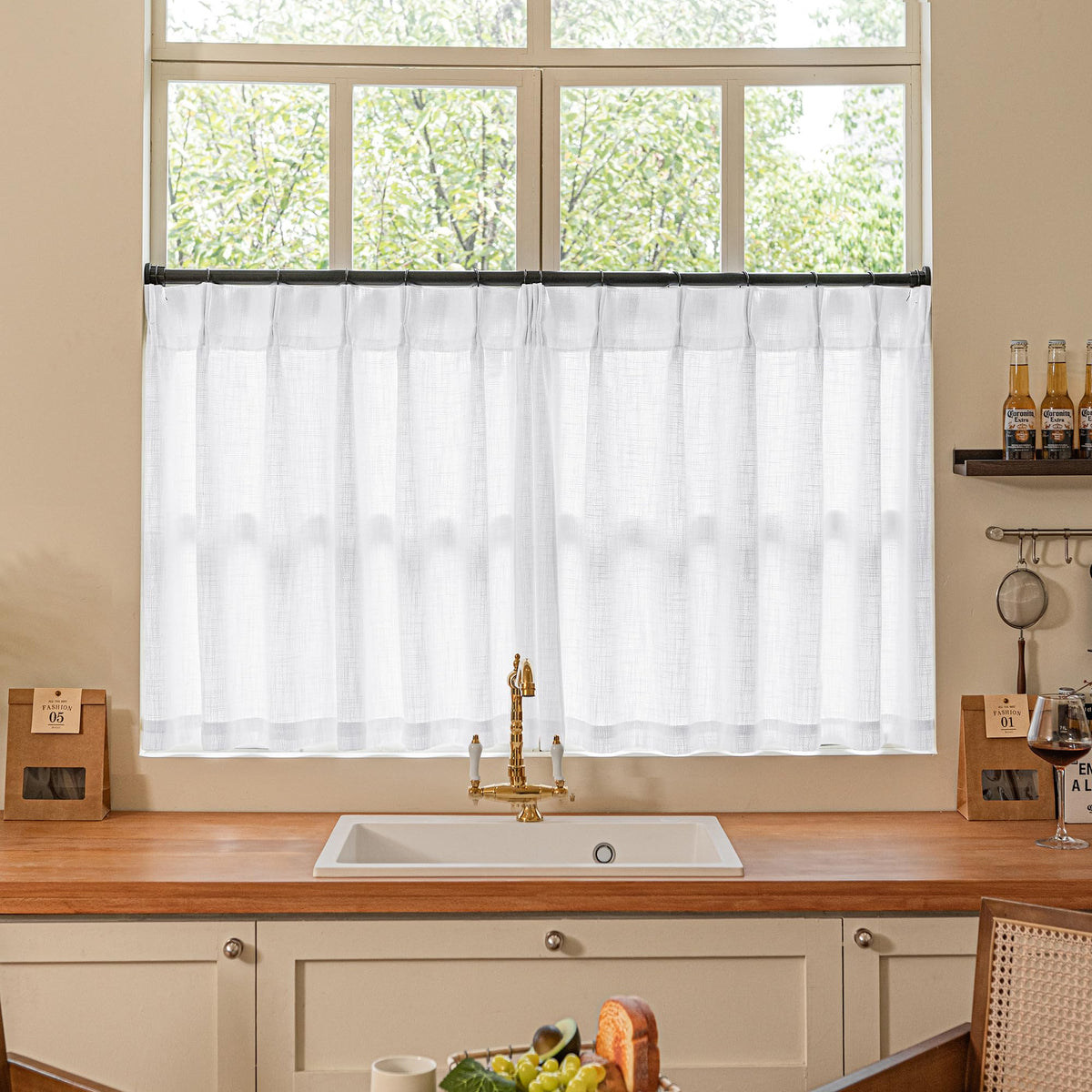TWODRAPES Natural Pinch Pleated Linen Semi Sheer 84 Inch Curtains 2 Panels