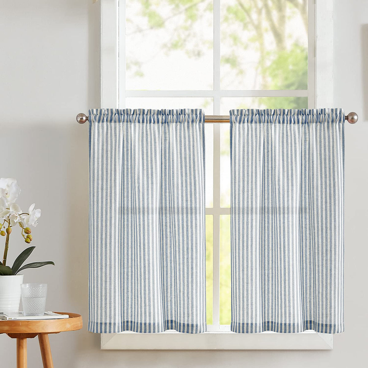 Vangao Linen Curtains for Living Room, Striped Blue Curtains 84L, 2 Panels