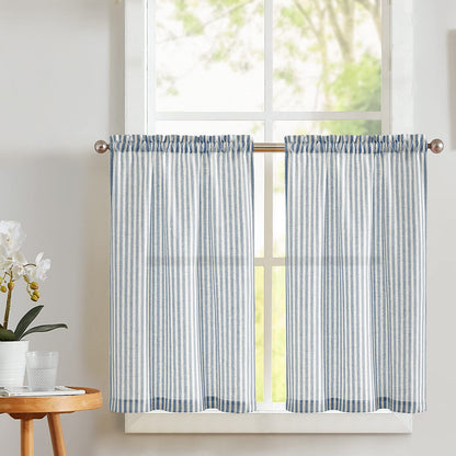 Vangao Linen Curtains for Living Room, Striped Blue Curtains 84L, 2 Panels