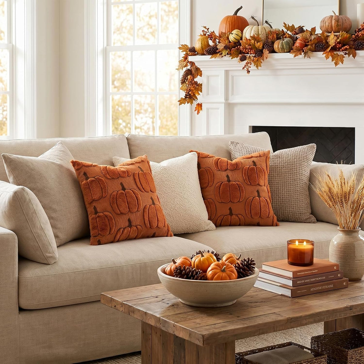Artscope Fall Pumpkin Throw Pillow Covers 18x18 Set of 2, Autumn Soft Plush Faux Fur Decoration Cushion Covers for Thanksgiving & Halloween Couch Sofa Bedroom Home Decor-Rust
