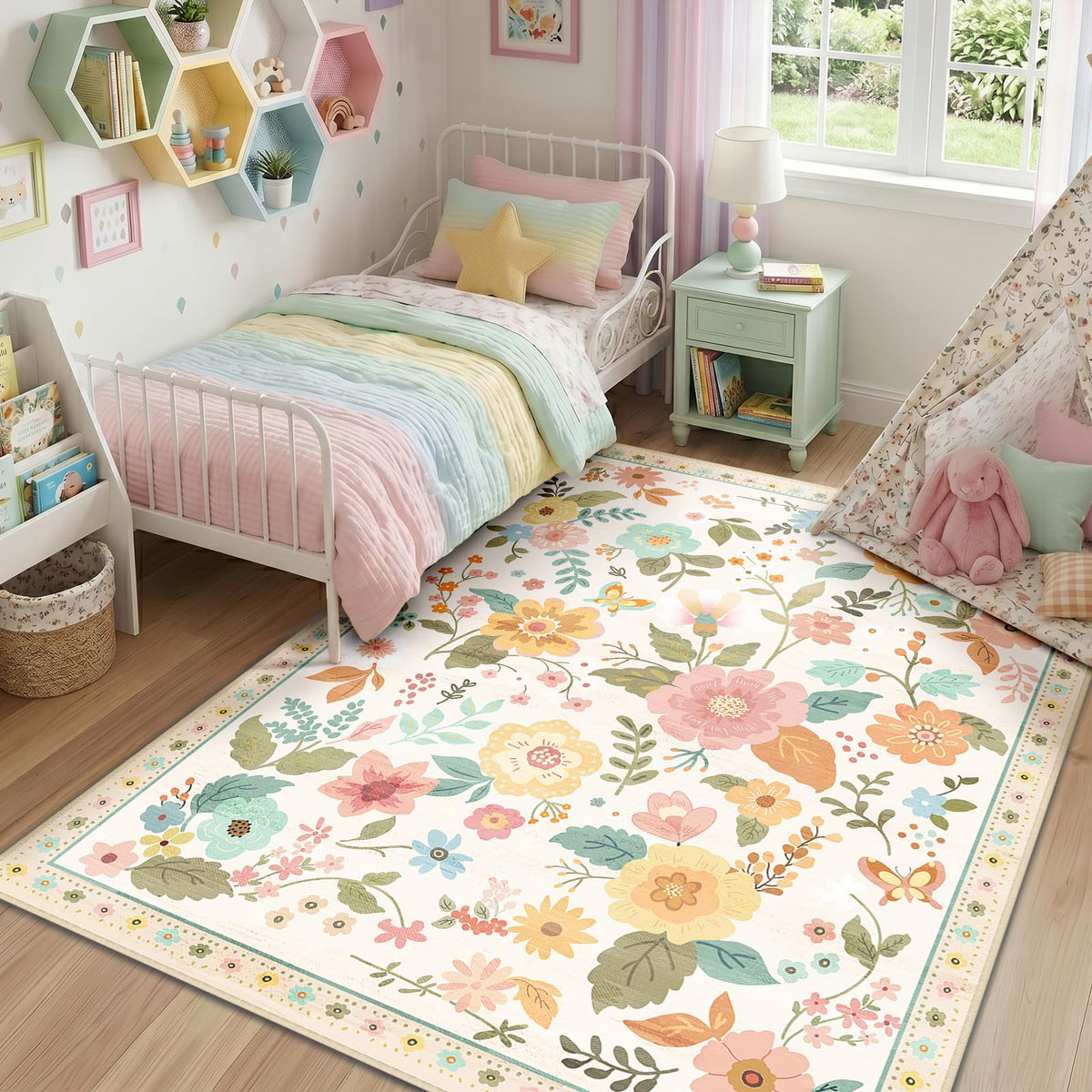 RELEANY Floral Washable 5x7 Area Rugs Pink