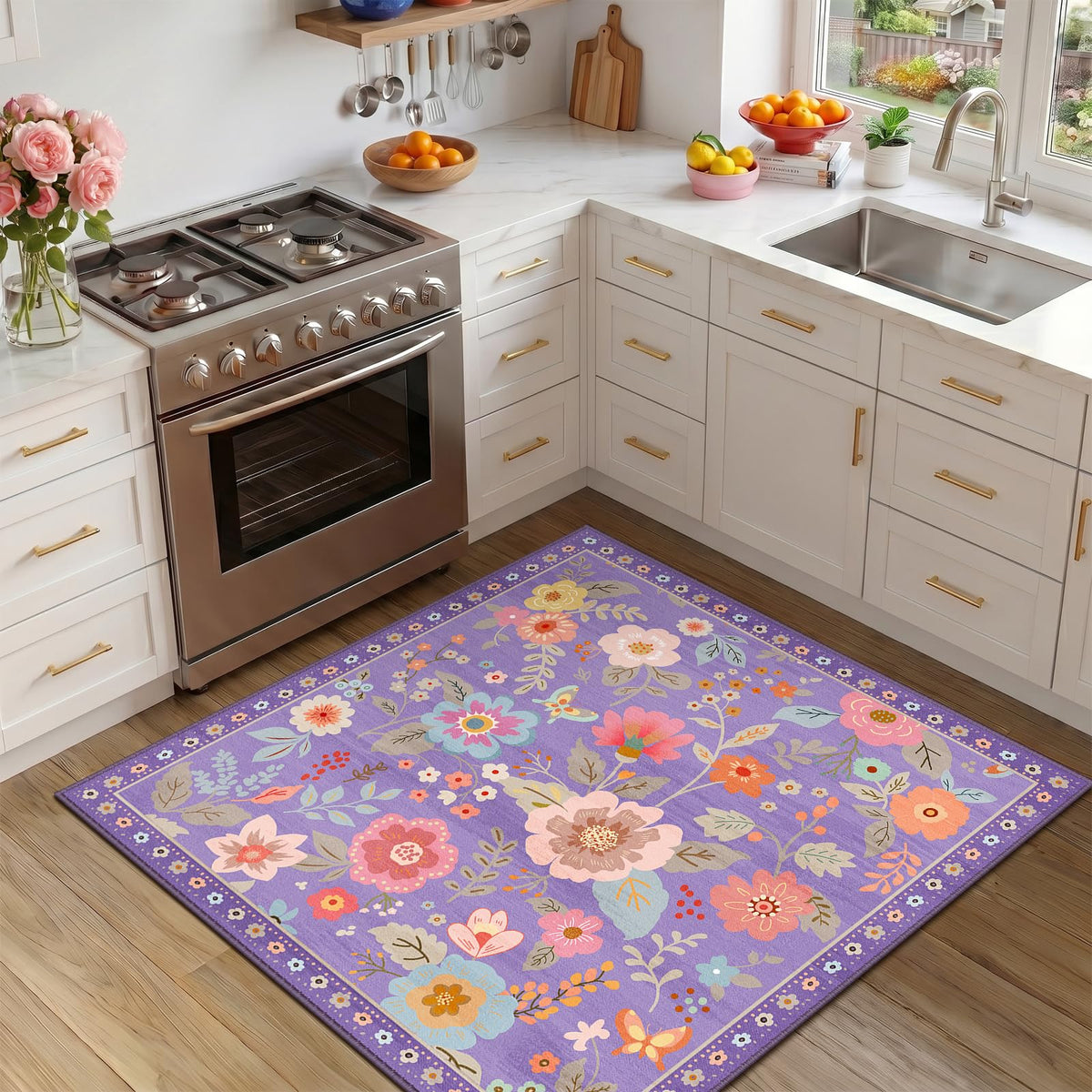 RELEANY Floral Washable 5x7 Area Rugs Pink