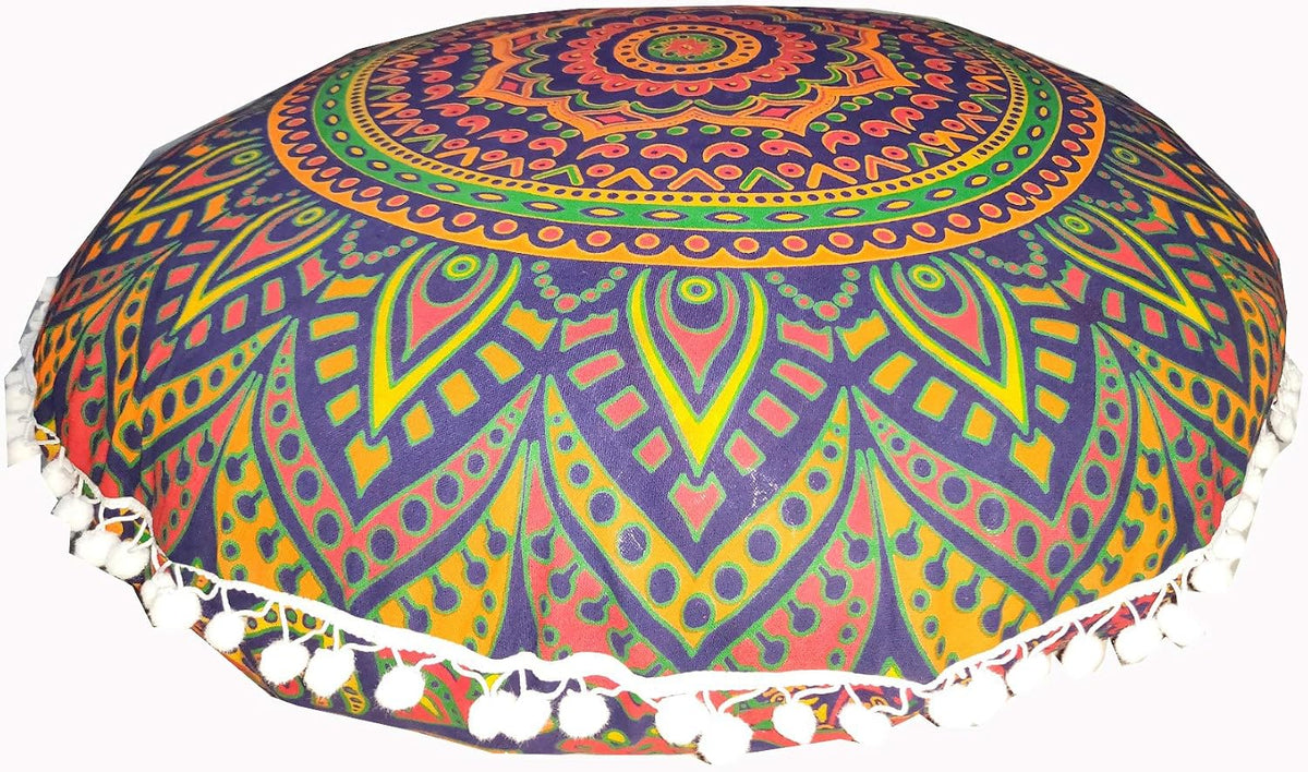 24" Black Gold Flower Mandala Barmeri Large Floor Pillow Cover Cushion Meditation Seating Ottoman Throw Cover Hippie Decorative Zipped Bohemian Pouf Ottoman Pom Pom Cases 24 " square