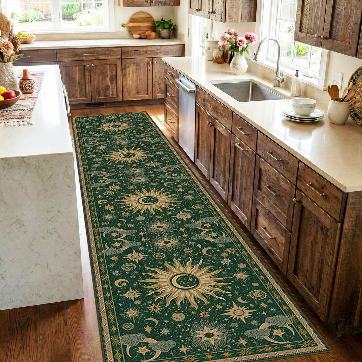 Vacuum-Friendly, 5x7 Washable Area Rug, Black Gold Beige Red