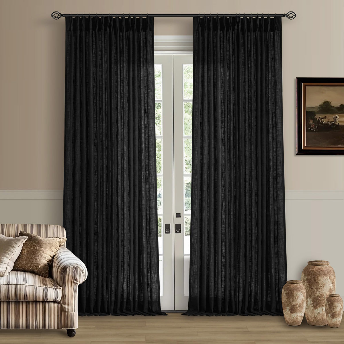 TWODRAPES Natural Pinch Pleated Linen Semi Sheer 84 Inch Curtains 2 Panels
