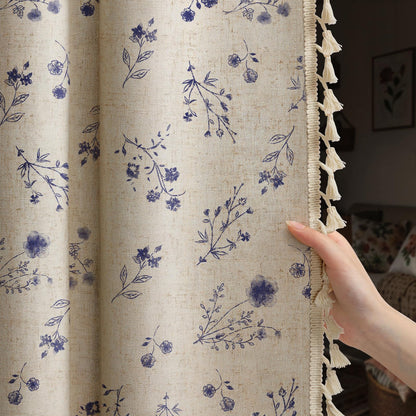 Boho Floral 100% Blackout Curtains 84 Inch 2 Panels Linen Texture
