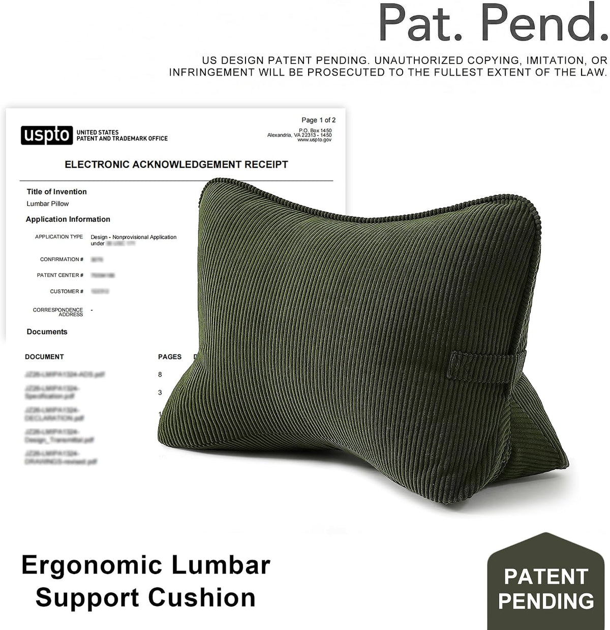Pat. Pend. Corduroy Ergonomic Lumbar Support Pillow for Sitting Support, Triangle Back Cushion for Sofa, Armchair & Bed, Washable Cover, Avocado Green
