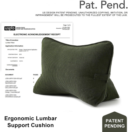 Pat. Pend. Corduroy Ergonomic Lumbar Support Pillow for Sitting Support, Triangle Back Cushion for Sofa, Armchair & Bed, Washable Cover, Avocado Green