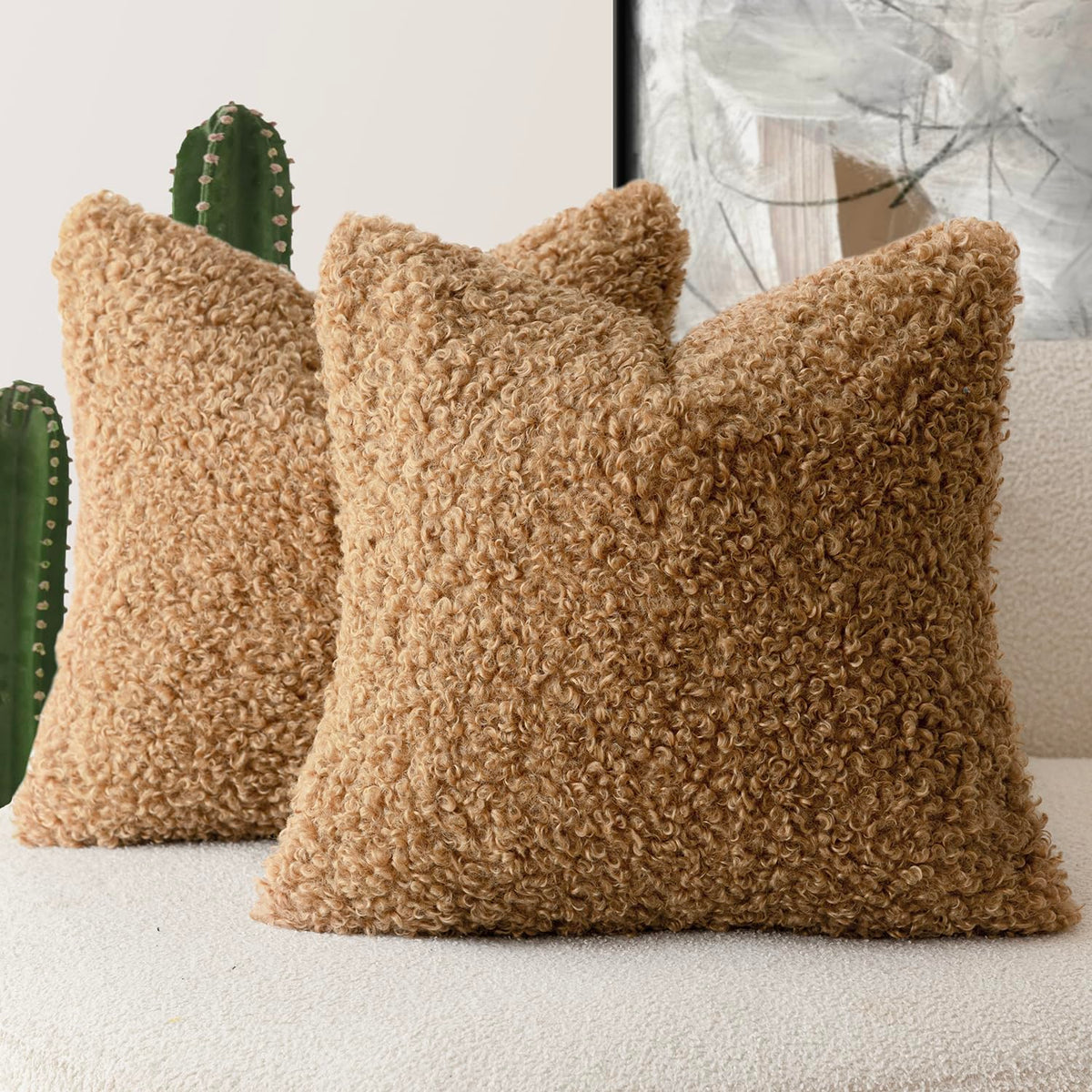Foindtower Decorative Fuzzy Faux Fur Throw Pillow Covers 24x24 Inch Oatmeal