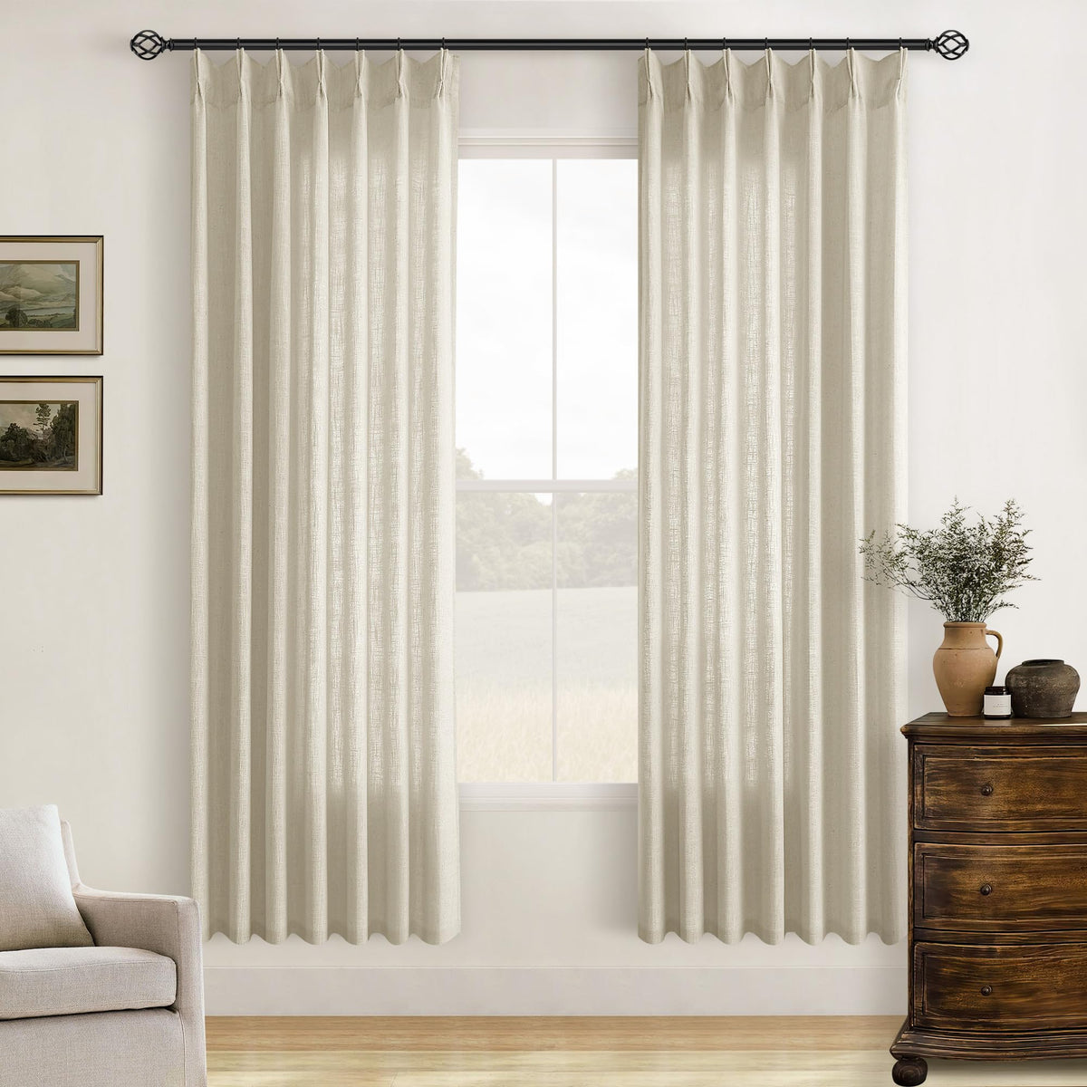 TWODRAPES Natural Pinch Pleated Linen Semi Sheer 84 Inch Curtains 2 Panels
