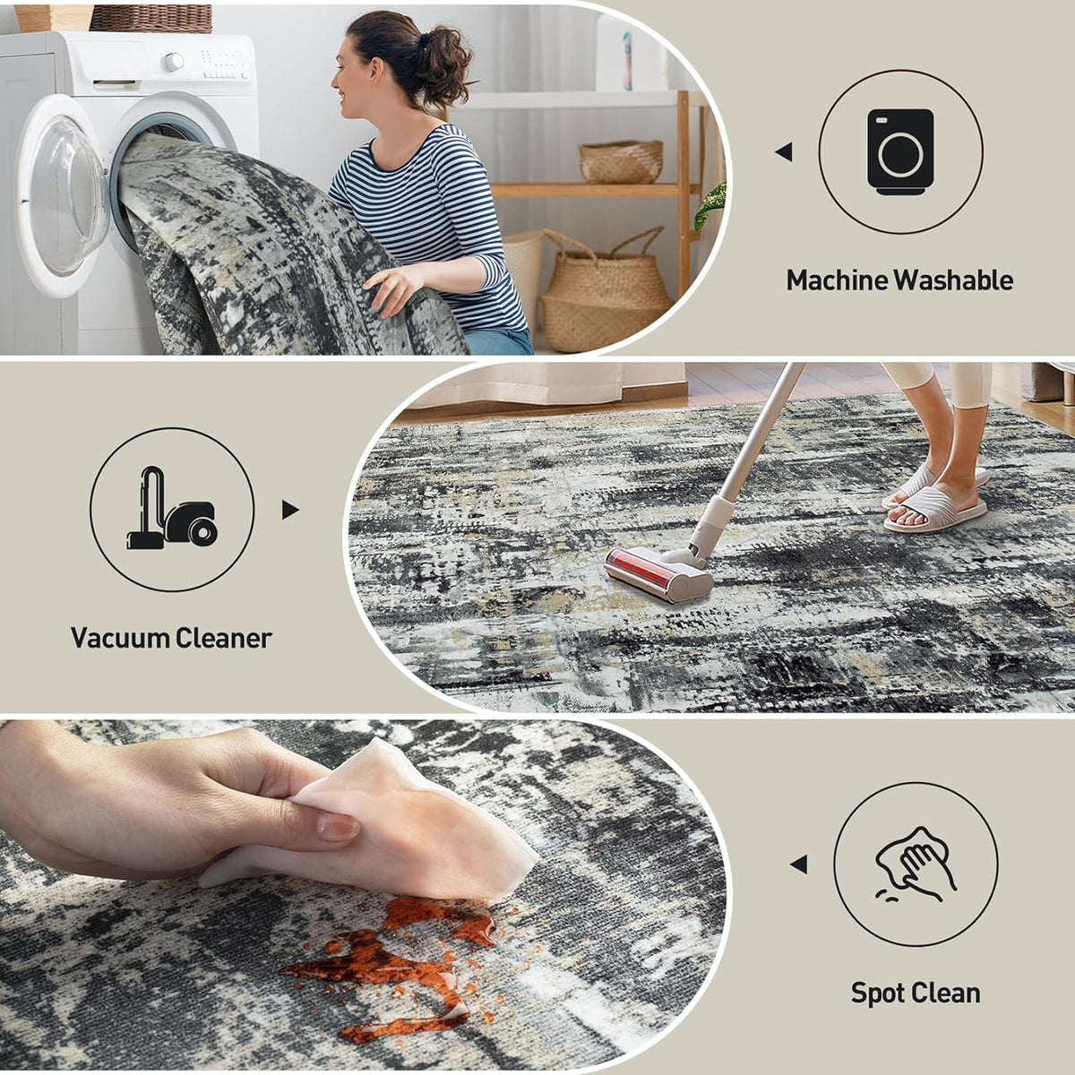 8x10 Area Rugs for Living Room: Washable Abstract Black Grey Gold Carpet
