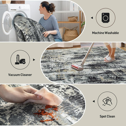 8x10 Area Rugs for Living Room: Washable Abstract Black Grey Gold Carpet