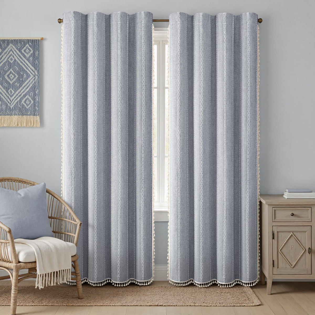 Boho 100% Blackout Curtains 84 Inch 2 Panels Linen Blend Beige