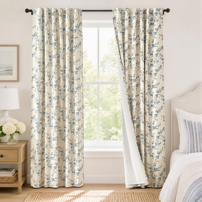 Lazzzy Taupe Vintage Floral Linen Curtains Farmhouse 50W X 84L 2 Panels