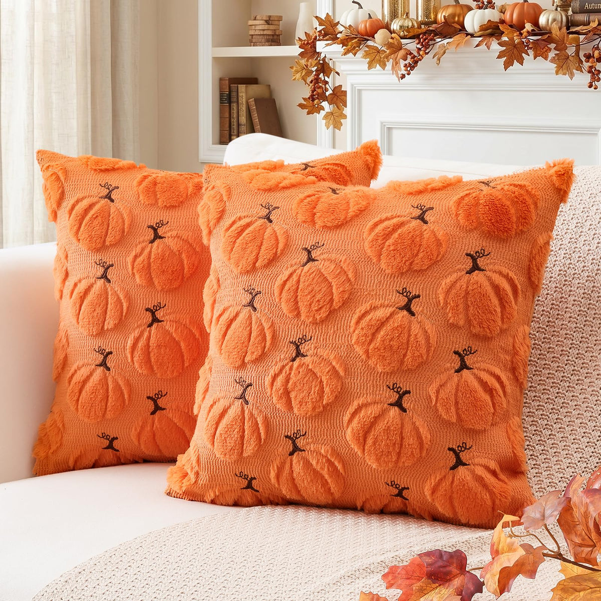 Artscope Fall Pumpkin Throw Pillow Covers 18x18 Set of 2, Autumn Soft Plush Faux Fur Decoration Cushion Covers for Thanksgiving Holiday Couch Sofa Bedroom Home Decor-Mustard Yellow