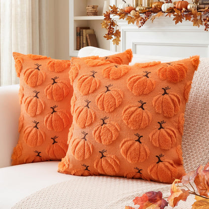 Artscope Fall Pumpkin Throw Pillow Covers 18x18 Set of 2, Autumn Soft Plush Faux Fur Decoration Cushion Covers for Thanksgiving Holiday Couch Sofa Bedroom Home Decor-Mustard Yellow