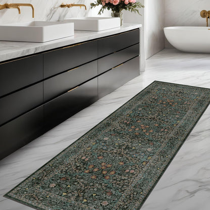 Floral Dark Green Washable Area Rugs 8x10, Vintage Living Room Rug