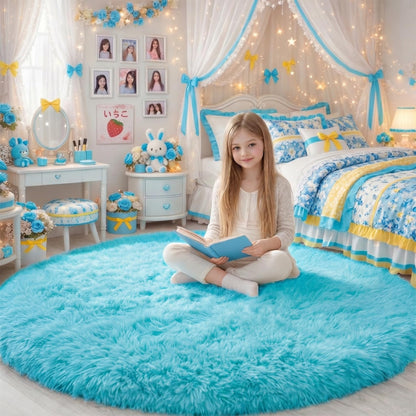 Amdrebio Pink Circle Round Fluffy Area Rug 4Ft for Girls Bedroom Kids Room