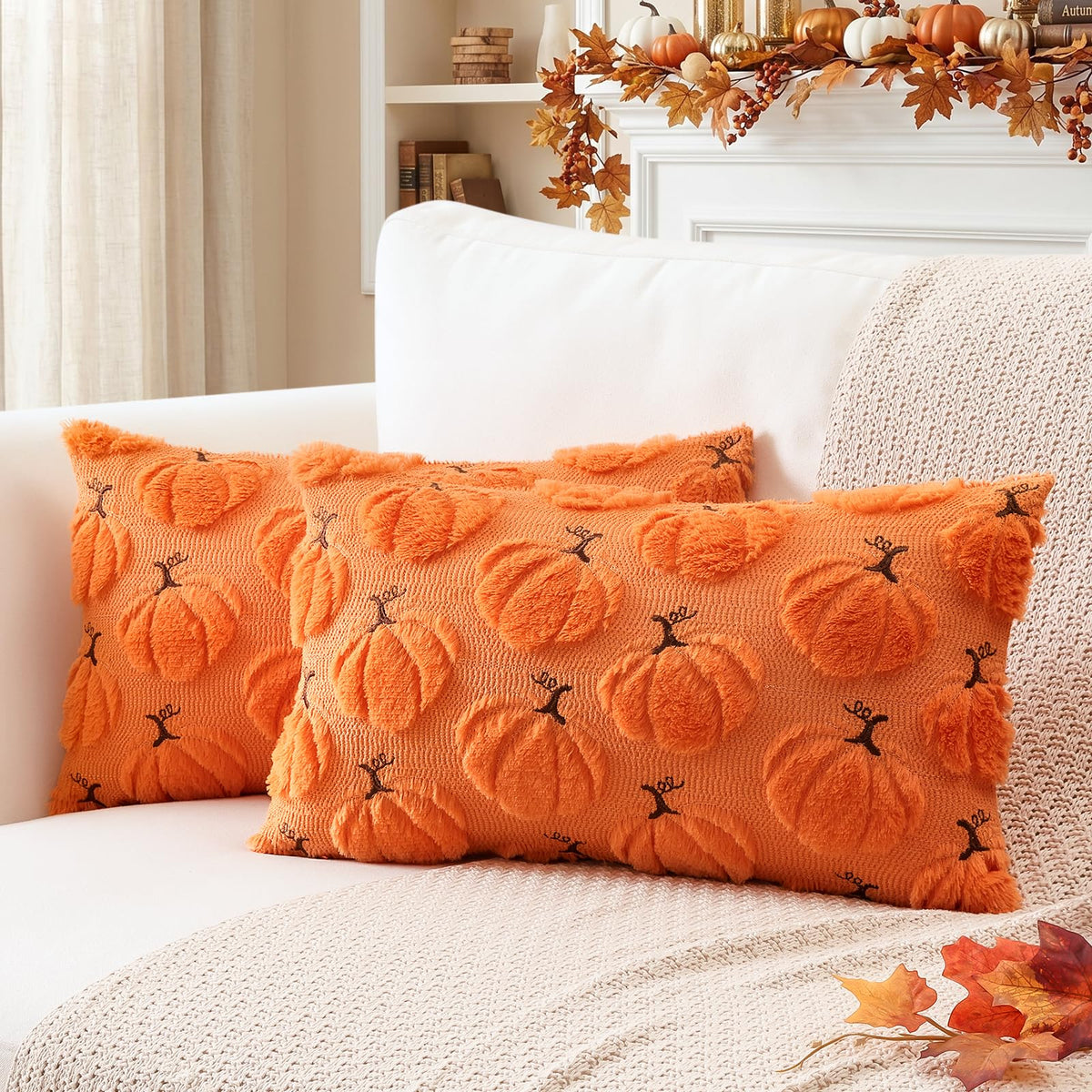Artscope Fall Pumpkin Throw Pillow Covers 18x18 Set of 2, Autumn Soft Plush Faux Fur Decoration Cushion Covers for Thanksgiving Holiday Couch Sofa Bedroom Home Decor-Mustard Yellow