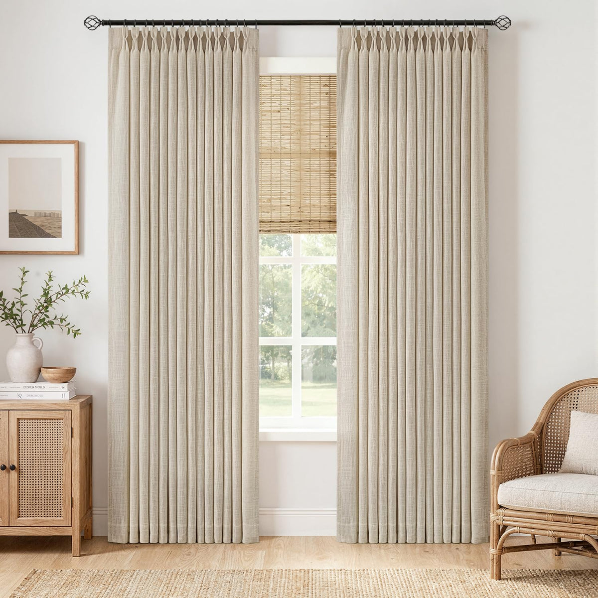 MIULEE Pinch Pleated Linen Curtains 90 Inches Long 2 Panels Natural