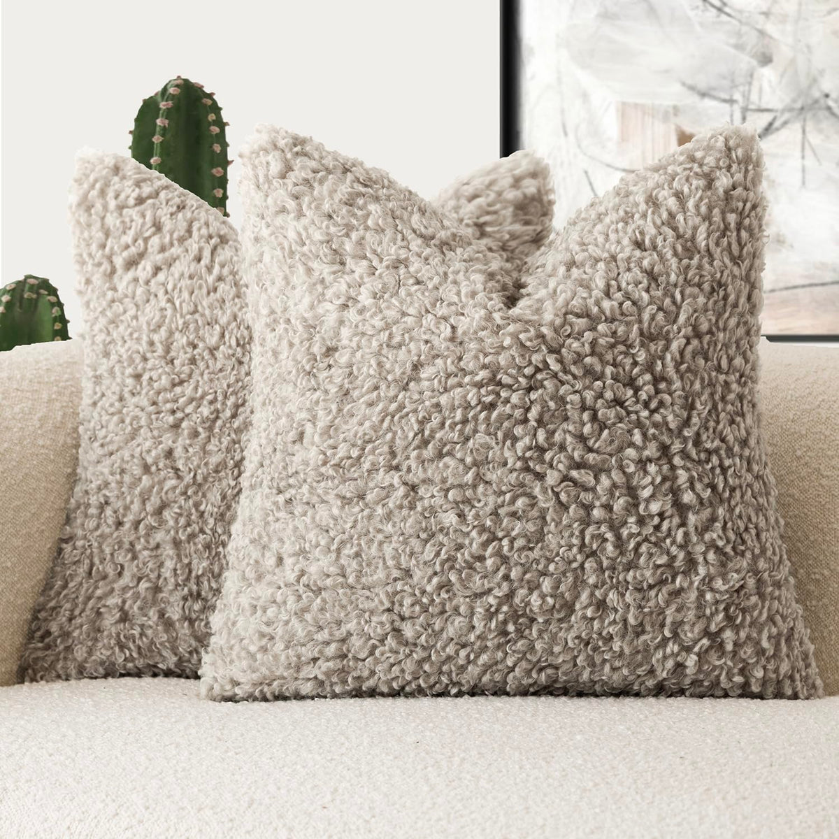 Foindtower Decorative Fuzzy Faux Fur Throw Pillow Covers 24x24 Inch Oatmeal