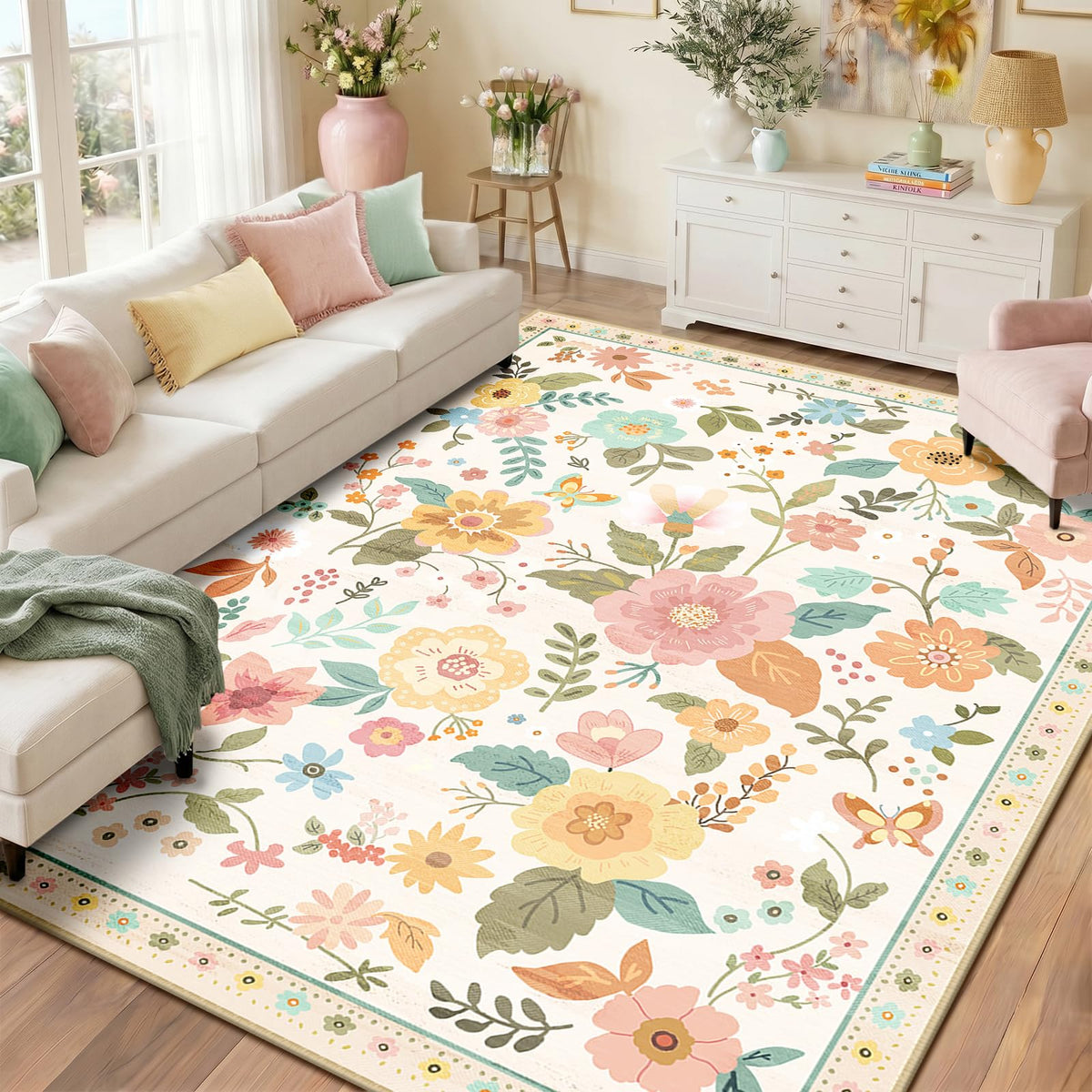 RELEANY Floral Washable 5x7 Area Rugs Pink