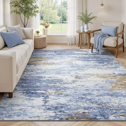 8x10 Area Rug for Living Room, Abstract Washable Non-Slip Large Rugs, Gold