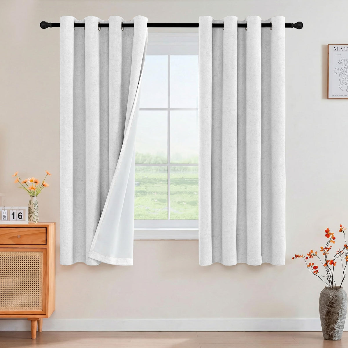 PrinceDeco Natural Linen Curtains 100% Blackout Linen Curtains for Bedroom Full Blackout Curtains 84 Inches Long Living Room Thermal Insulated Light Blocking Curtain Drapes White Backing, 2 Panels