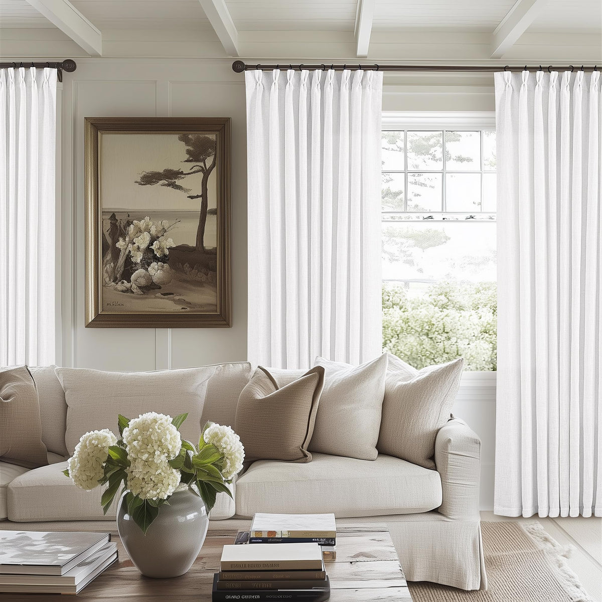 TWODRAPES Natural Pinch Pleated Linen Semi Sheer 84 Inch Curtains 2 Panels