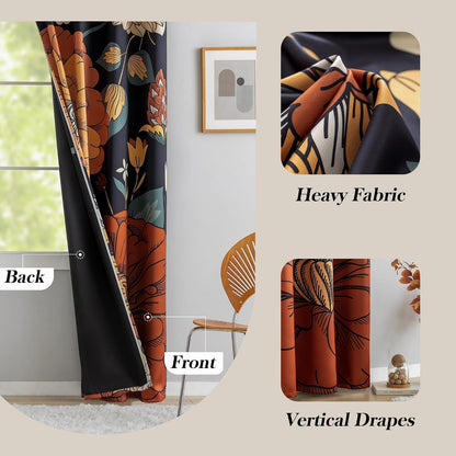 Tyrot Black Boho Floral Grommet Blackout Curtains, 52W x 84L, 2 Panels