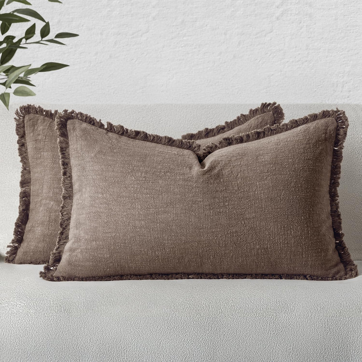 MIULEE Linen Fringe Decorative Fall Throw Pillow Covers Cocoa Brown 18x18