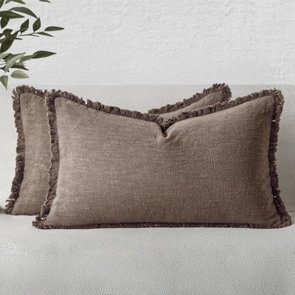 MIULEE Linen Fringe Decorative Fall Throw Pillow Covers Cocoa Brown 18x18