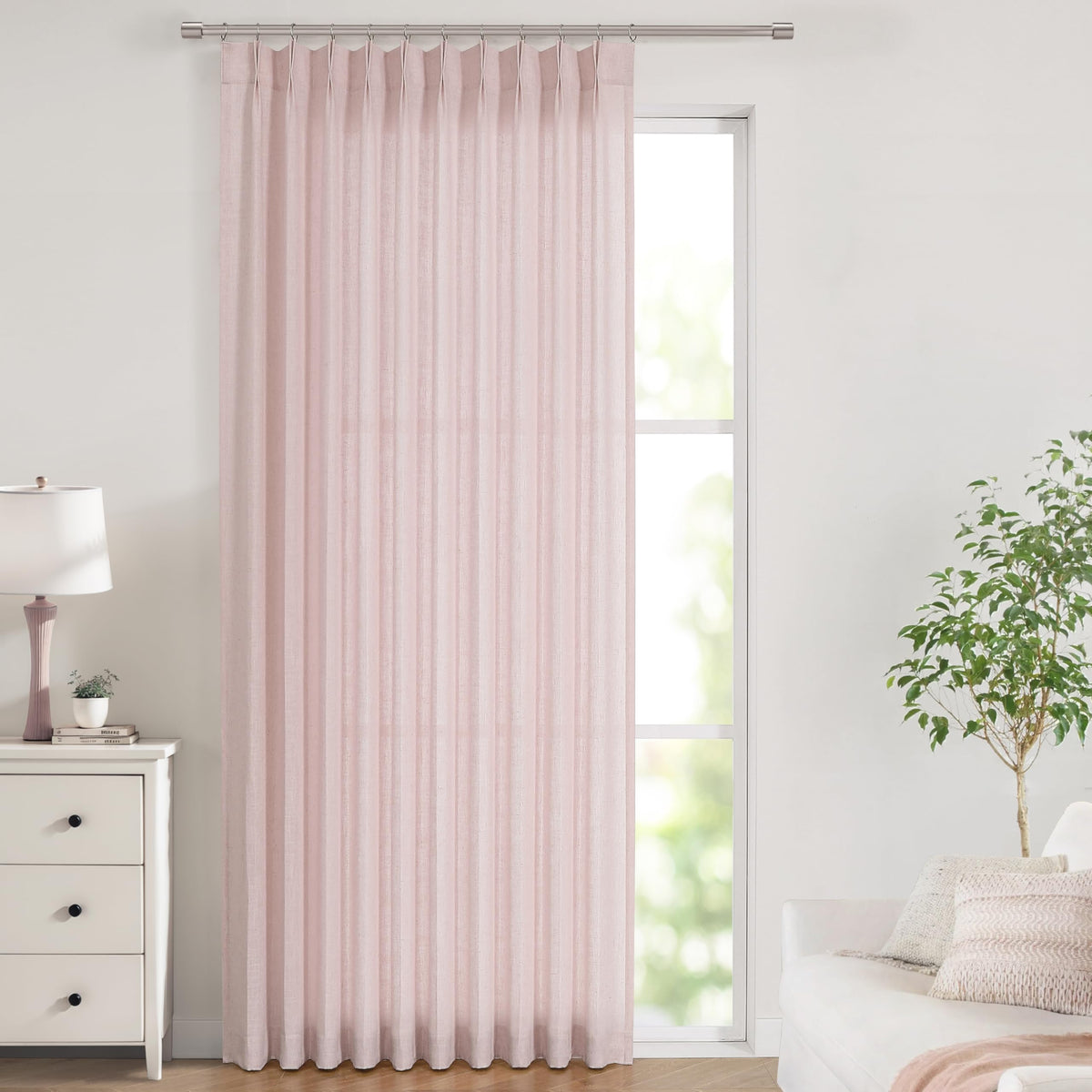 Vision Home Natural Linen Pinch Pleated Semi Sheer Curtains 42Wx90Lx2
