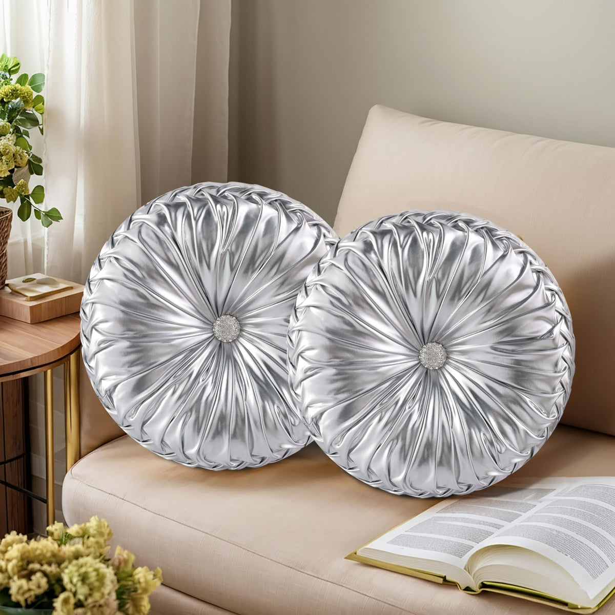 HIG Set of 2 Beige Velvet Decorative Round Pleated Throw Pillows